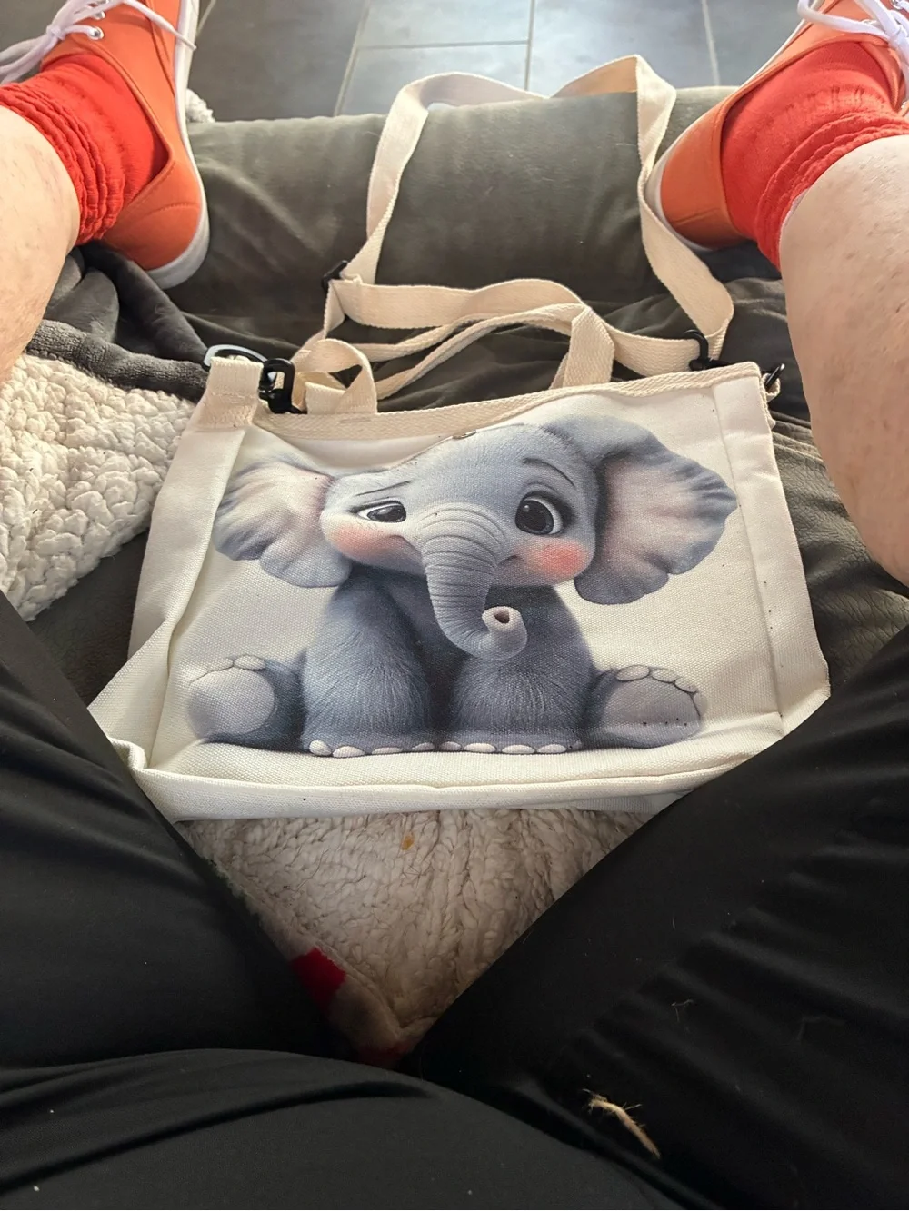 Cute Kids Canvas Crossbody Bag with Elephant Print - Cream and Gray